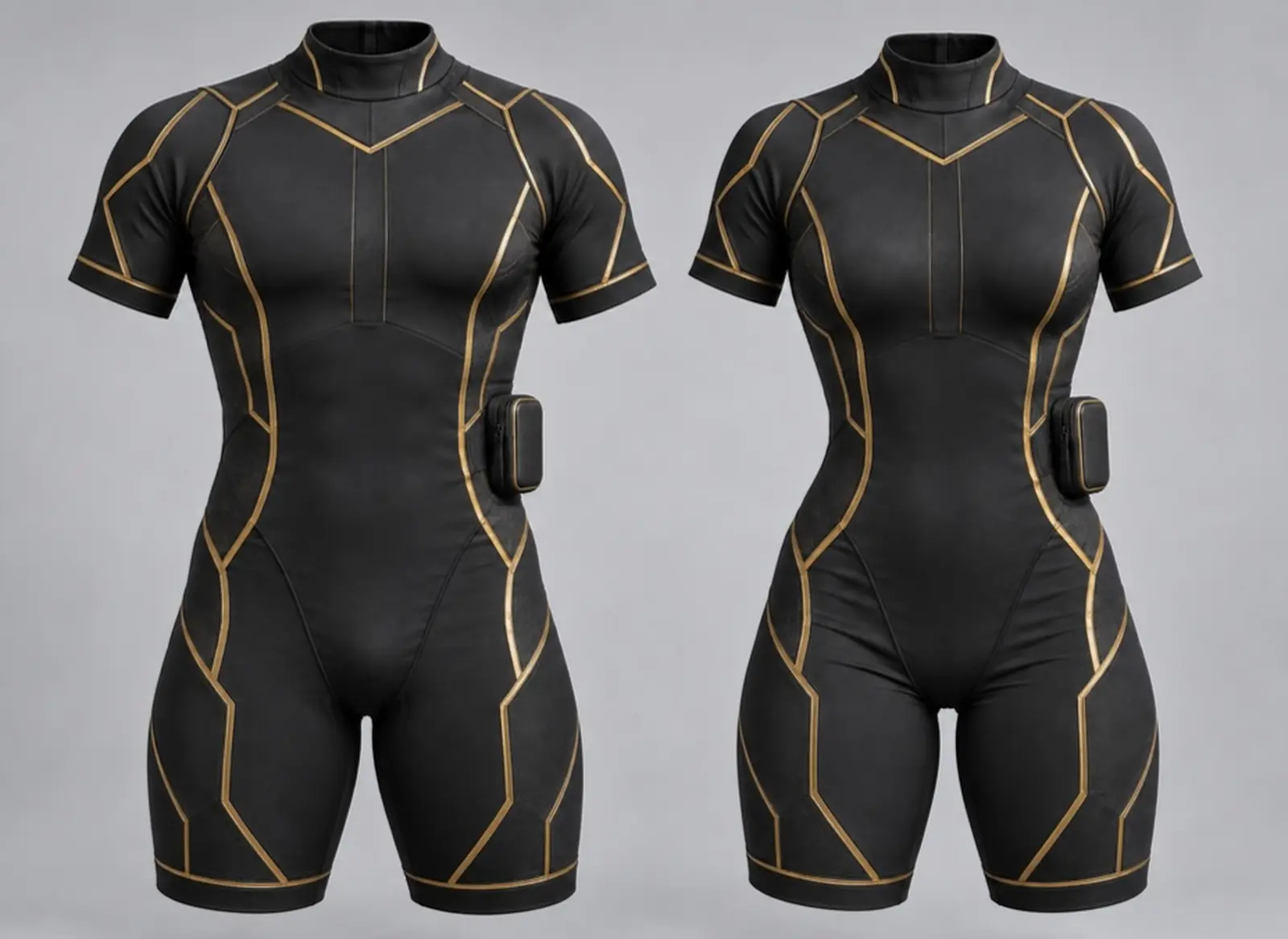 Male and female FormFiber Alpha-0.2 smart fitness suit concepts shown together