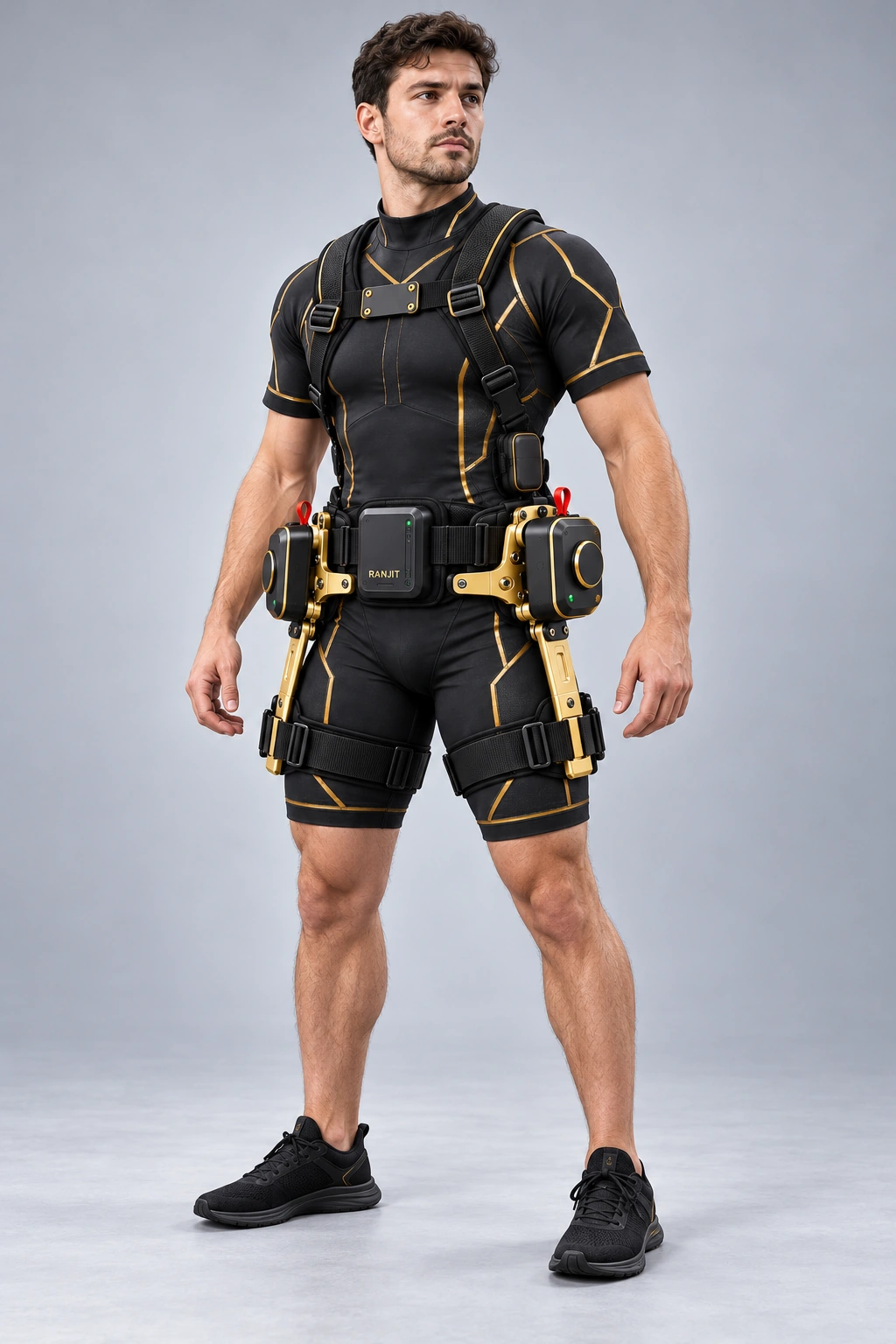 Man wearing the black and gold TITANRESERVE hip-assist exoskeleton concept