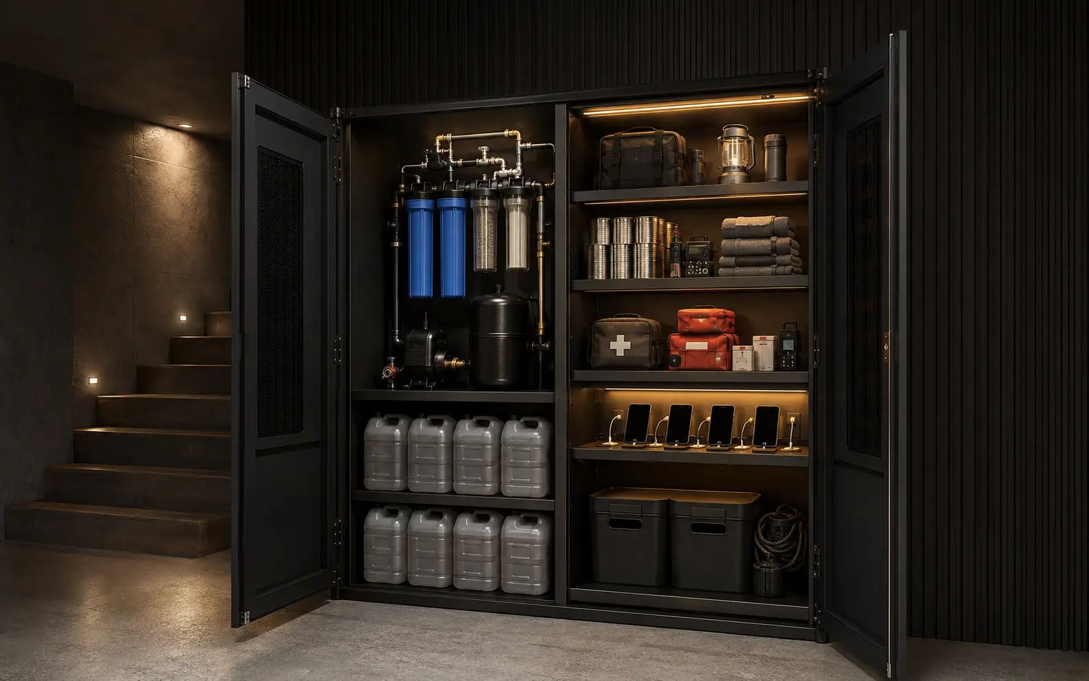 Emergency water filtration, storage and secure supply cabinet